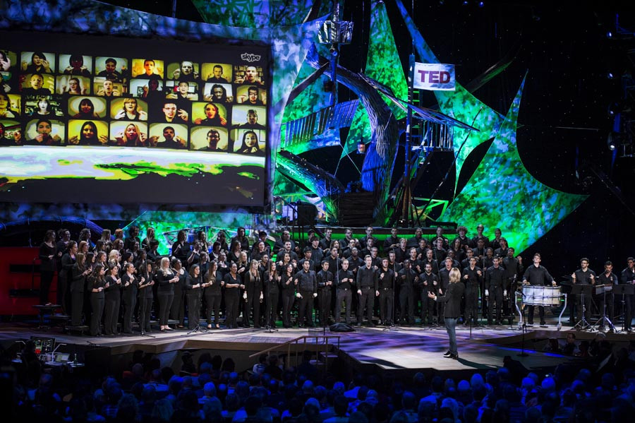 The Live Virtual Choir and singers from Cal State Long Beach, Cal State Fullerton and RCC, rocking the house at TED 2013. Ted 2013 Photo by James Duncan Davidson.